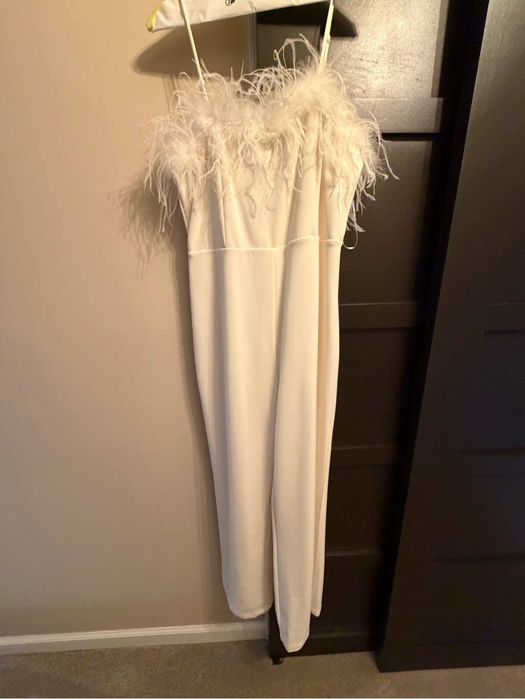 New York  Company White FeatherTrim Strapless Jumpsuit